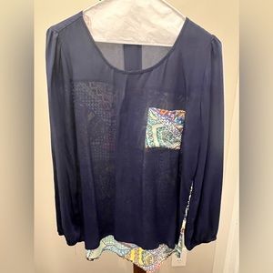 Pink Owl navy blue long sleeve blouse